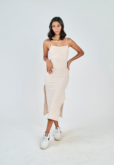 Nayomi Off White Linen Sleeveless Criss Cross Zipper Back Side Slits Midi Dress