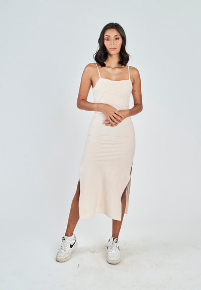 Nayomi Off White Linen Sleeveless Criss Cross Zipper Back Side Slits Midi Dress