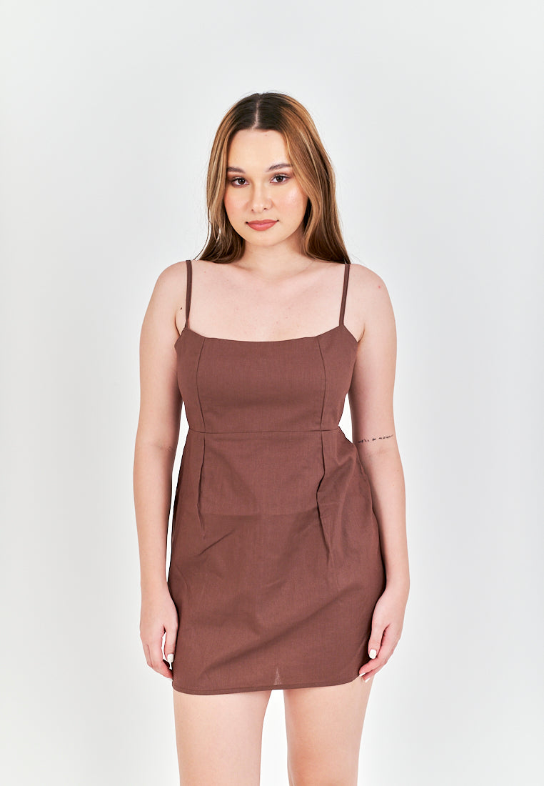 Umi Brown Linen Sleeveless Zipper Back Mini Dress