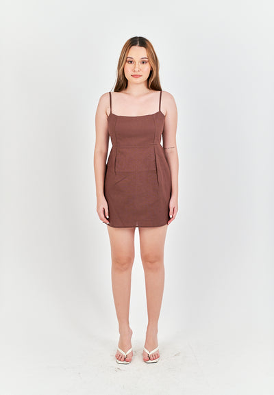 Umi Brown Linen Sleeveless Zipper Back Mini Dress