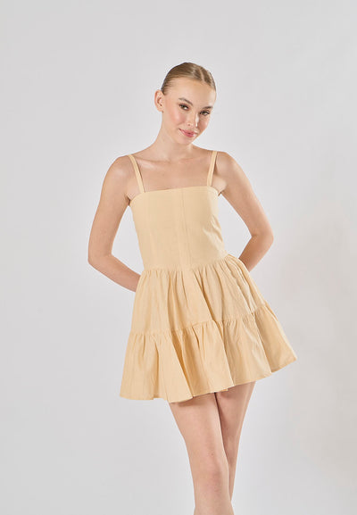 Taeko Beige Linen Sleeveless Smock Zipper Back Tiered Mini Dress