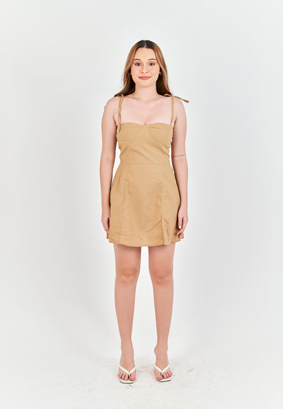 Eboshi Light Brown Linen Sleeveless Self Tie Straps Smock Zipper Back Mini Dress