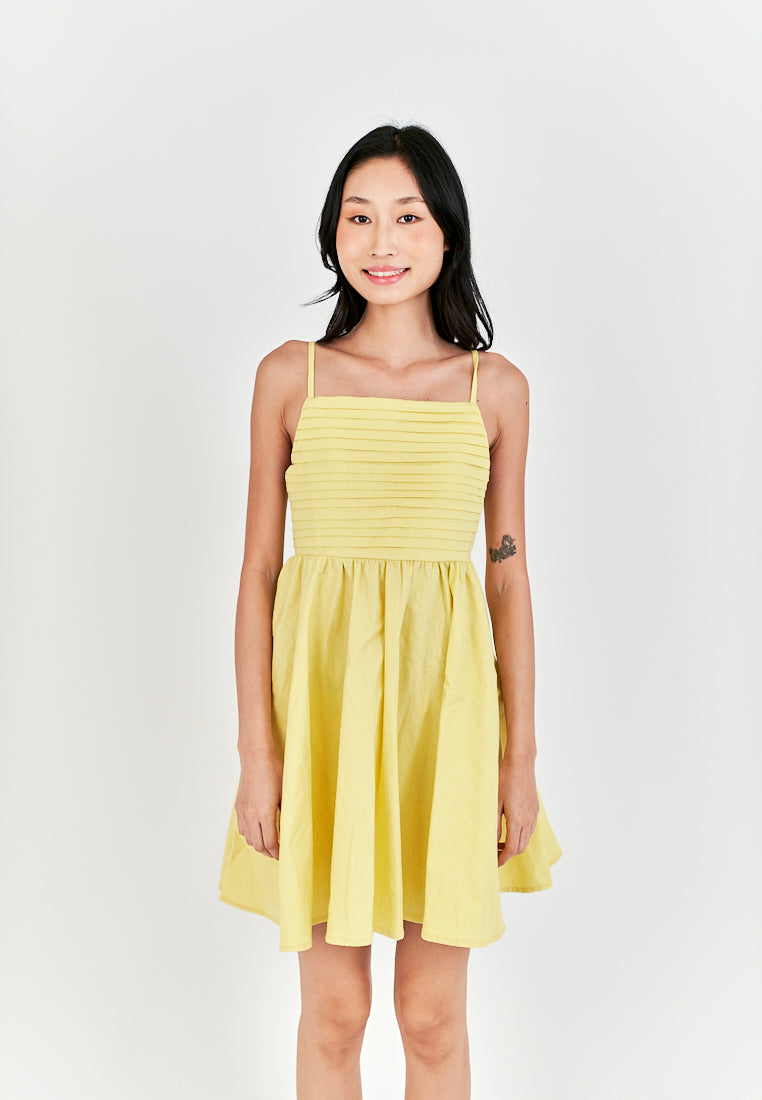 Seita Yellow Linen Pleated Sleeveless Criss Cross Zipper Back Mini Dress