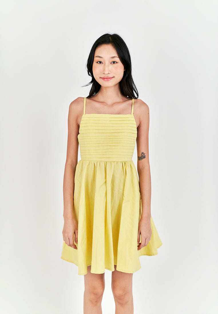 Seita Yellow Linen Pleated Sleeveless Criss Cross Zipper Back Mini Dress