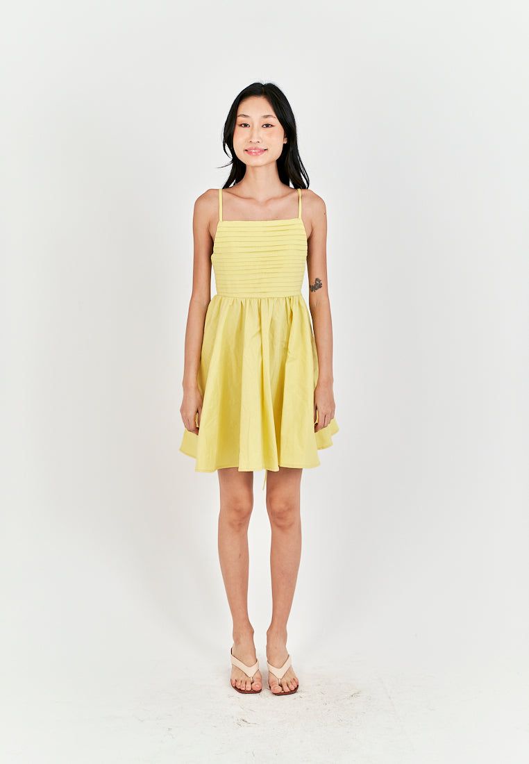 Seita Yellow Linen Pleated Sleeveless Criss Cross Zipper Back Mini Dress