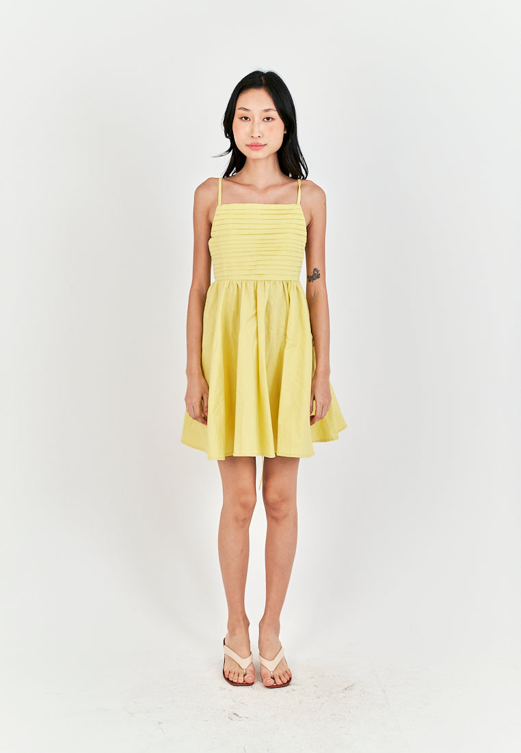 Seita Yellow Linen Pleated Sleeveless Criss Cross Zipper Back Mini Dress