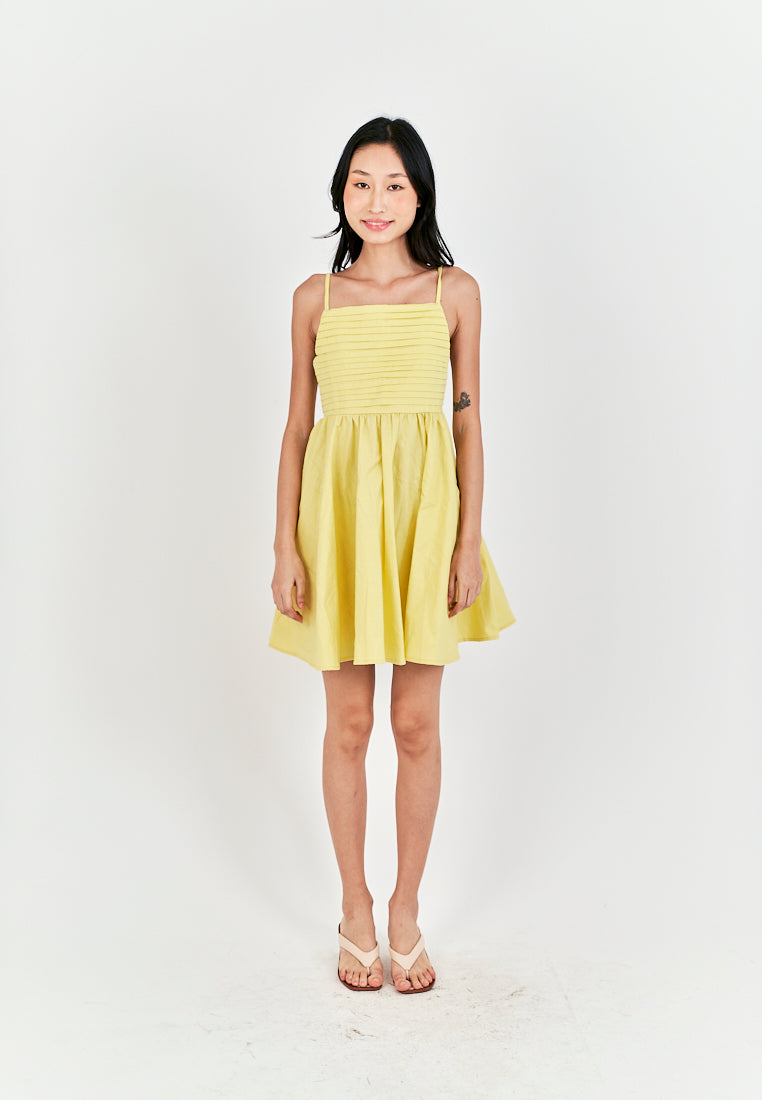 Seita Yellow Linen Pleated Sleeveless Criss Cross Zipper Back Mini Dress