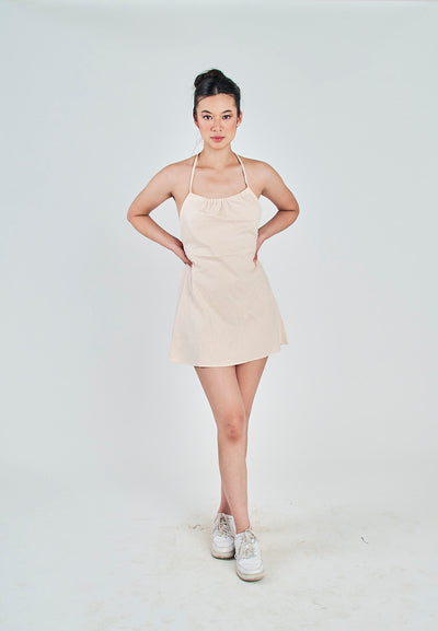 Marnie Off White Linen Sleeveless Halter Self Tie Strap Open Back Mini Dress