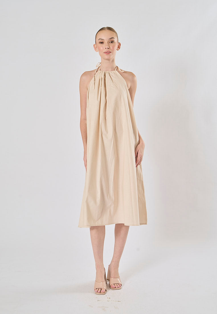 Shizuku Off White Linen Sleeveless Halter Self Tie Open Back Midi Dress