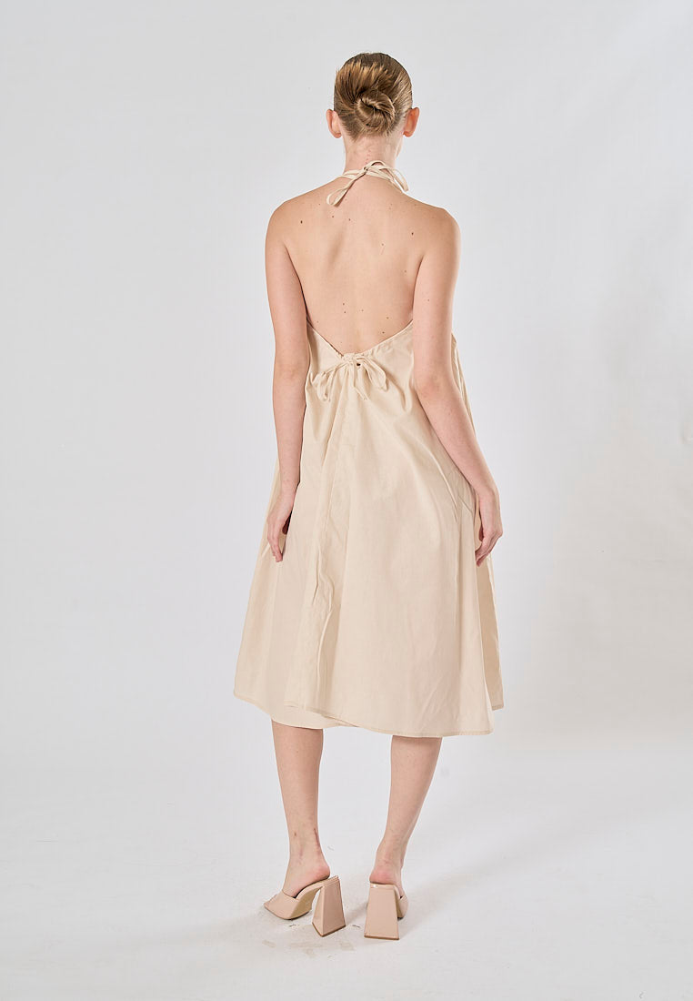 Shizuku Off White Linen Sleeveless Halter Self Tie Open Back Midi Dress