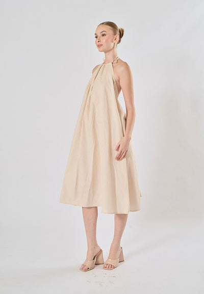 Shizuku Off White Linen Sleeveless Halter Self Tie Open Back Midi Dress