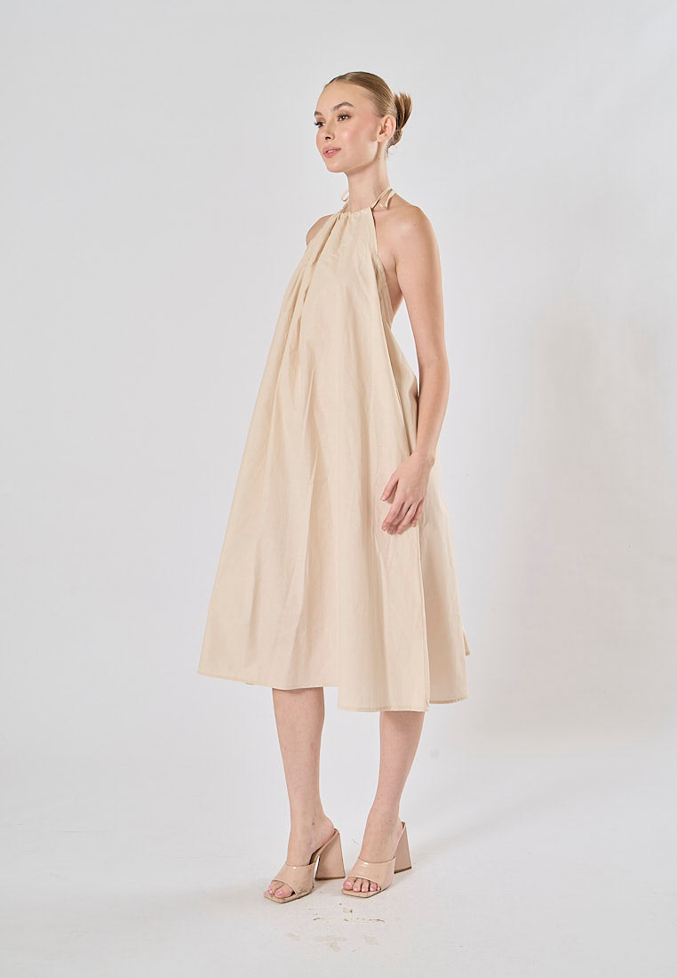 Shizuku Off White Linen Sleeveless Halter Self Tie Open Back Midi Dress