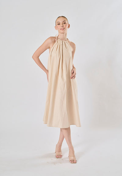 Shizuku Off White Linen Sleeveless Halter Self Tie Open Back Midi Dress