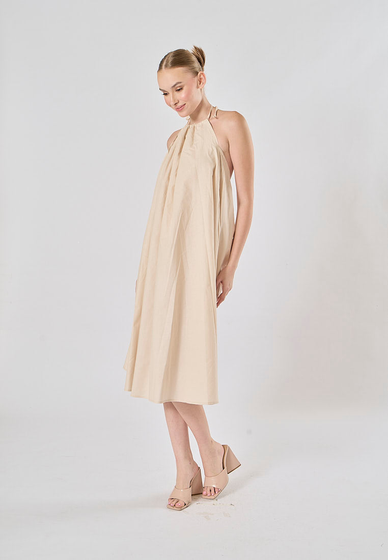 Shizuku Off White Linen Sleeveless Halter Self Tie Open Back Midi Dress