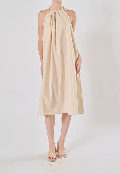 Shizuku Off White Linen Sleeveless Halter Self Tie Open Back Midi Dress