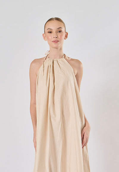 Shizuku Off White Linen Sleeveless Halter Self Tie Open Back Midi Dress