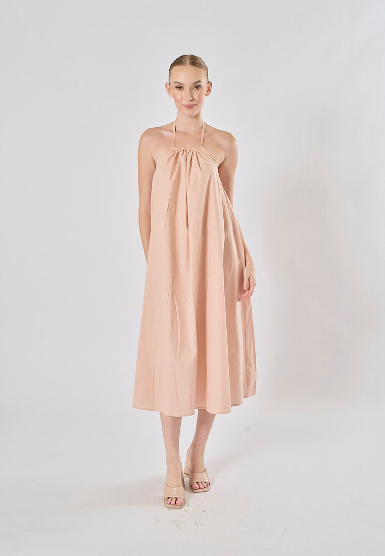 Shizuku Pink Linen Sleeveless Halter Self Tie Open Back Midi Dress