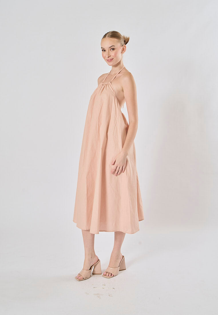 Shizuku Pink Linen Sleeveless Halter Self Tie Open Back Midi Dress