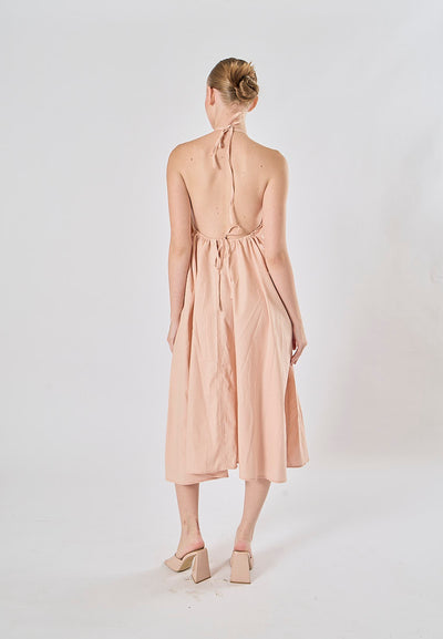 Shizuku Pink Linen Sleeveless Halter Self Tie Open Back Midi Dress