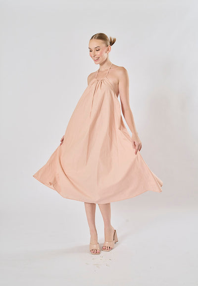 Shizuku Pink Linen Sleeveless Halter Self Tie Open Back Midi Dress