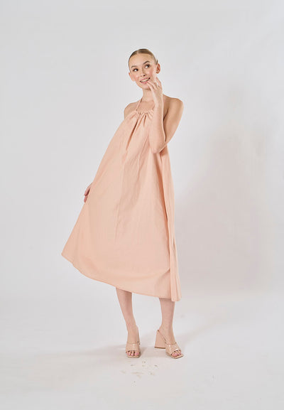 Shizuku Pink Linen Sleeveless Halter Self Tie Open Back Midi Dress