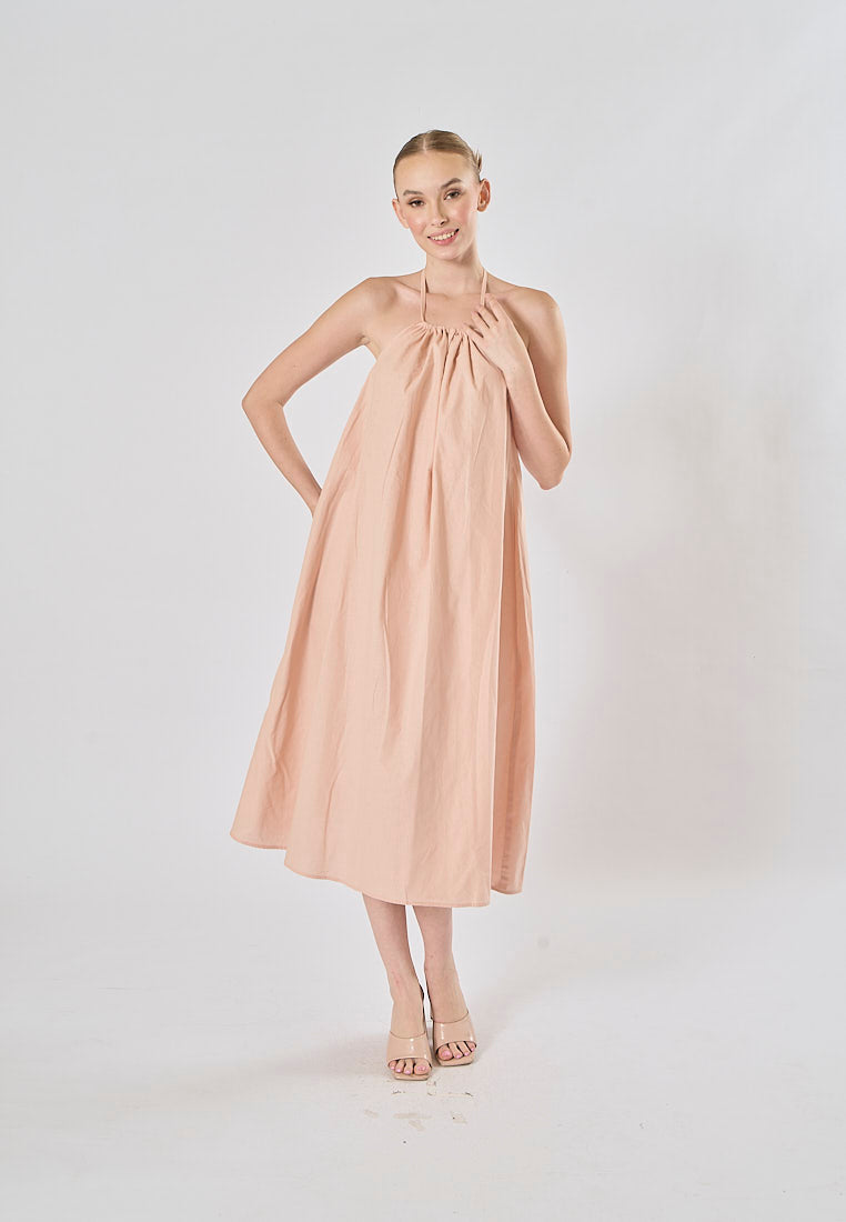 Shizuku Pink Linen Sleeveless Halter Self Tie Open Back Midi Dress