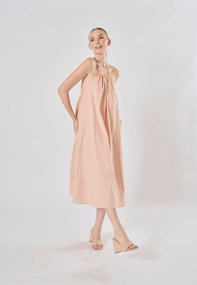 Shizuku Pink Linen Sleeveless Halter Self Tie Open Back Midi Dress