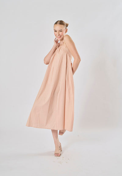 Shizuku Pink Linen Sleeveless Halter Self Tie Open Back Midi Dress