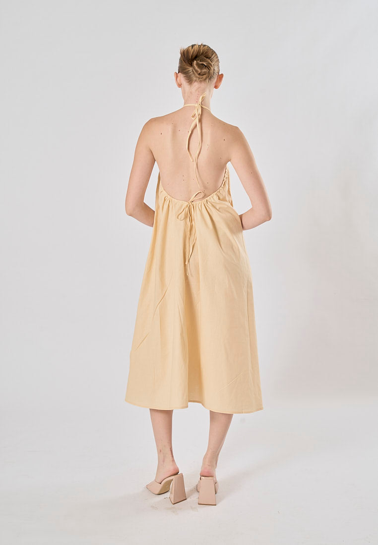 Shizuku Beige Linen Sleeveless Halter Self Tie Open Back Midi Dress