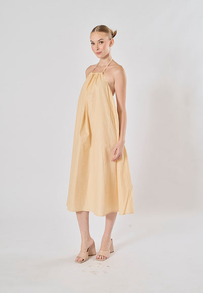 Shizuku Beige Linen Sleeveless Halter Self Tie Open Back Midi Dress