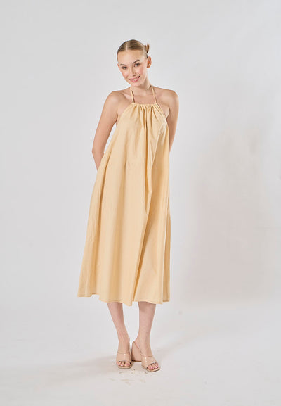 Shizuku Beige Linen Sleeveless Halter Self Tie Open Back Midi Dress