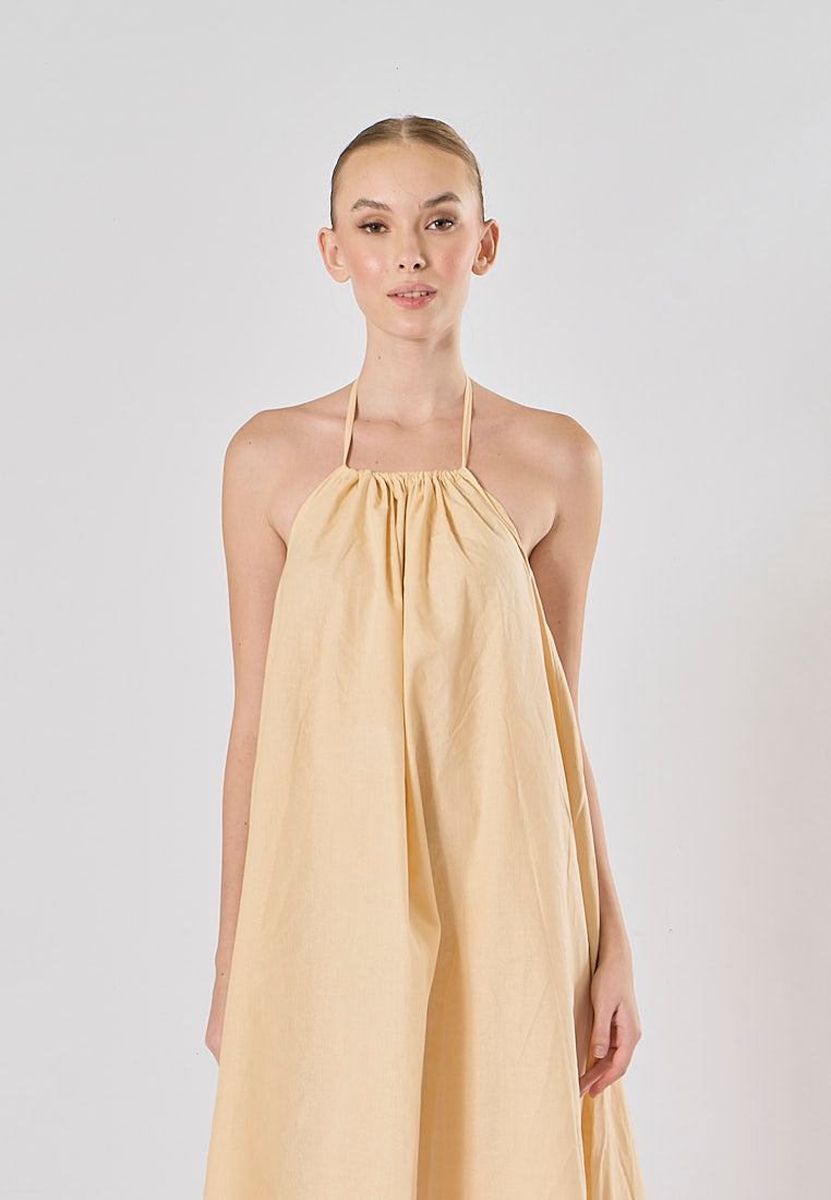 Shizuku Beige Linen Sleeveless Halter Self Tie Open Back Midi Dress