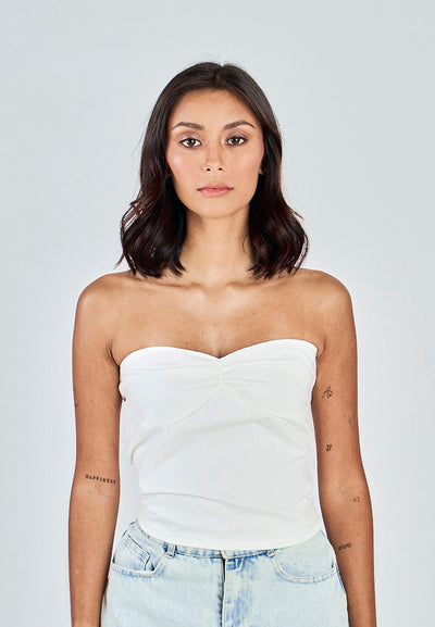 Miri White Linen Sweetheart Neckline Smock Back Side Zipper Tube Top