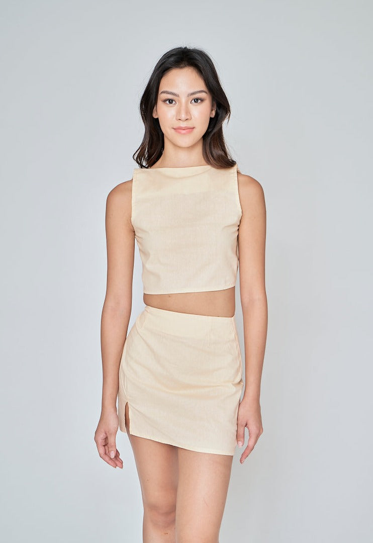 Hiromi Beige Linen Square Neck Sleeveless Top