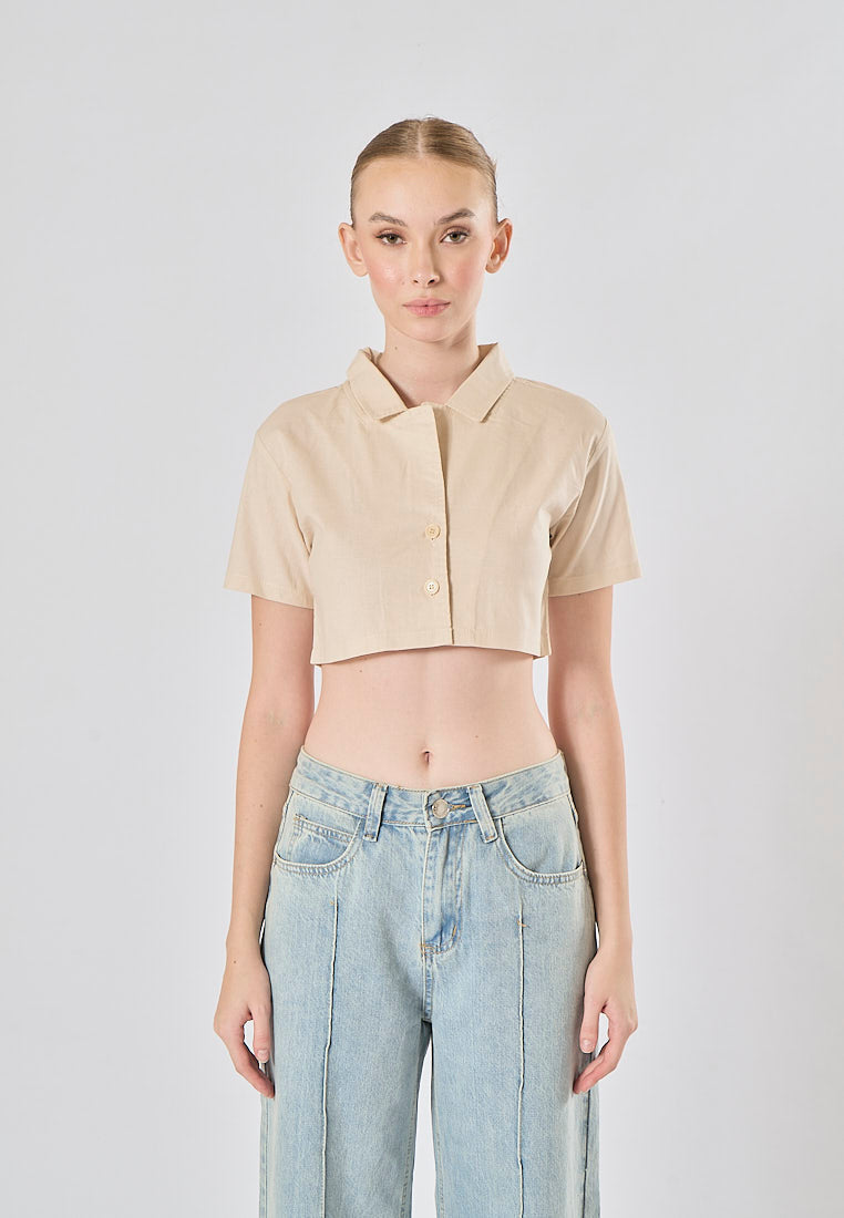 Jhil Off White Linen Collared Button Closure Short Sleeves Top