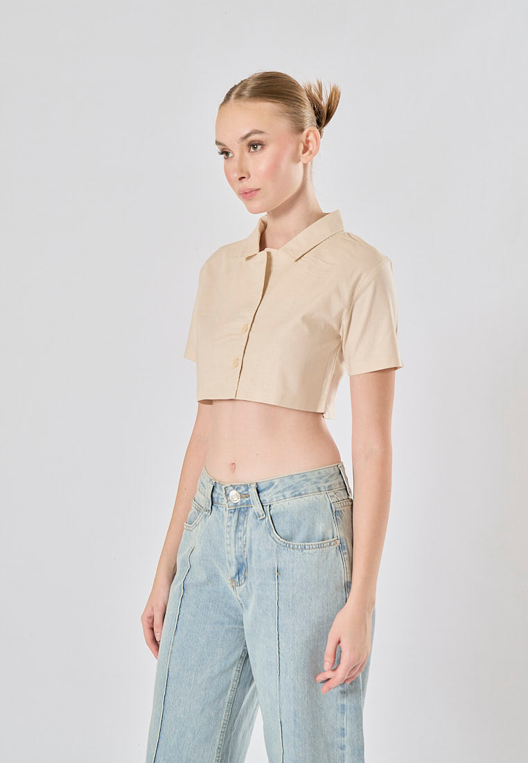 Jhil Off White Linen Collared Button Closure Short Sleeves Top