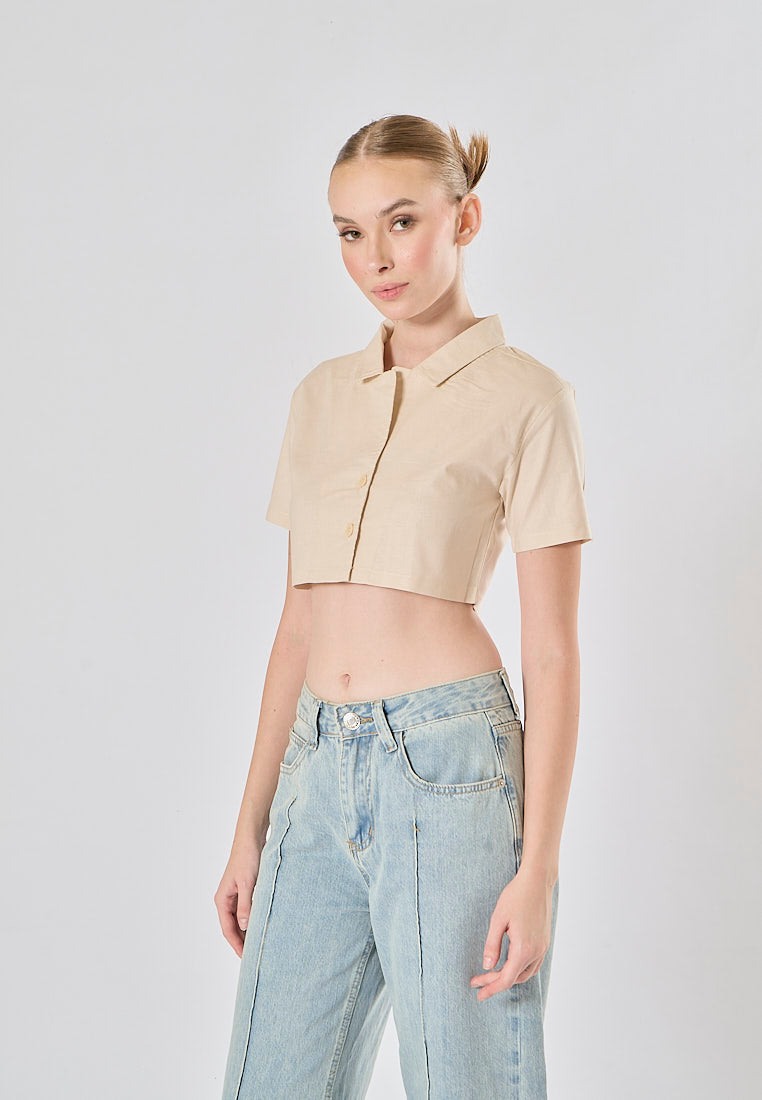 Jhil Off White Linen Collared Button Closure Short Sleeves Top