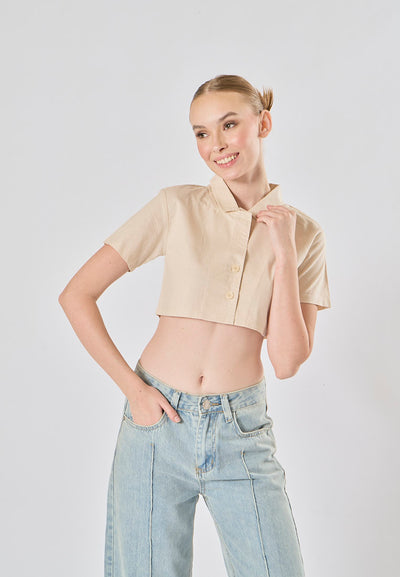 Jhil Off White Linen Collared Button Closure Short Sleeves Top