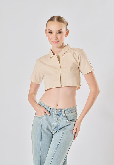 Jhil Off White Linen Collared Button Closure Short Sleeves Top