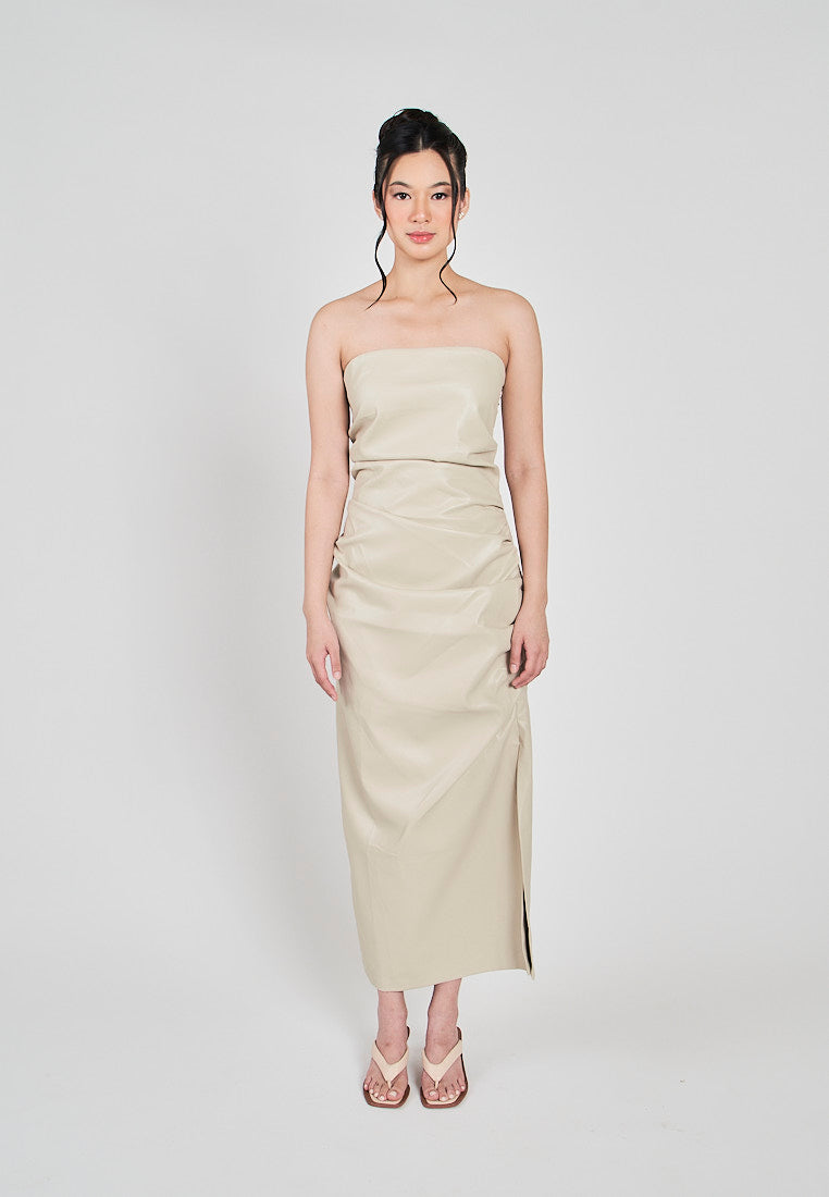 Erian Beige Leather Pleated Sides with Zipper Tube Midi Dress