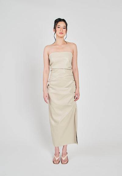 Erian Beige Leather Pleated Sides with Zipper Tube Midi Dress