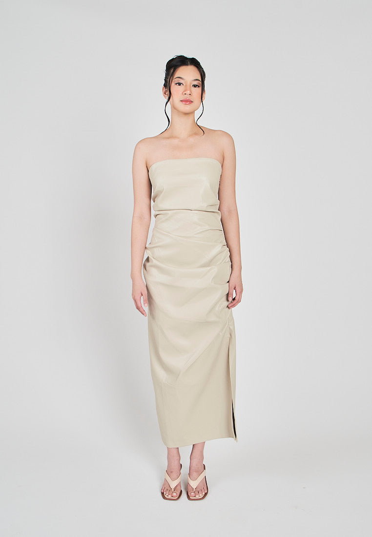 Erian Beige Leather Pleated Sides with Zipper Tube Midi Dress