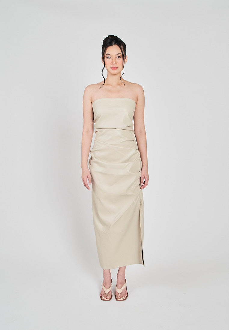 Erian Beige Leather Pleated Sides with Zipper Tube Midi Dress