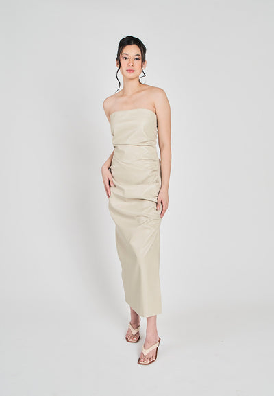 Erian Beige Leather Pleated Sides with Zipper Tube Midi Dress