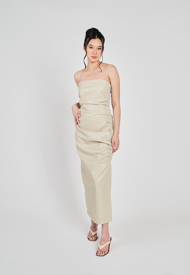 Erian Beige Leather Pleated Sides with Zipper Tube Midi Dress