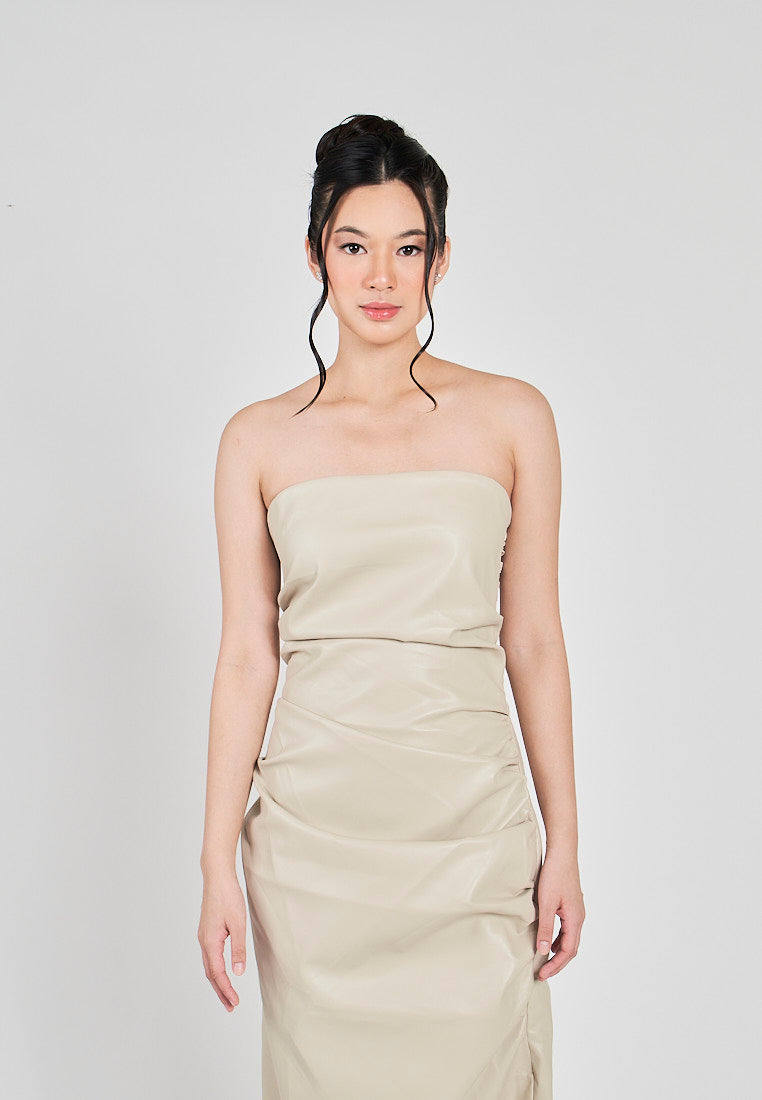 Erian Beige Leather Pleated Sides with Zipper Tube Midi Dress