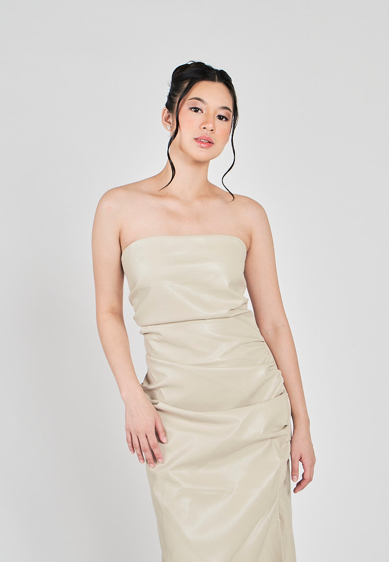 Erian Beige Leather Pleated Sides with Zipper Tube Midi Dress