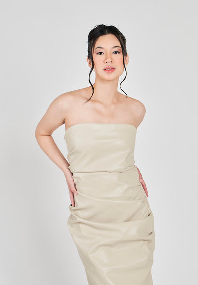 Erian Beige Leather Pleated Sides with Zipper Tube Midi Dress