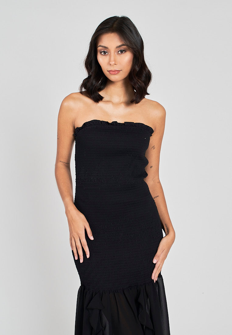 Navi Black Ruffle Neckline Smocked Tube Midi Dress