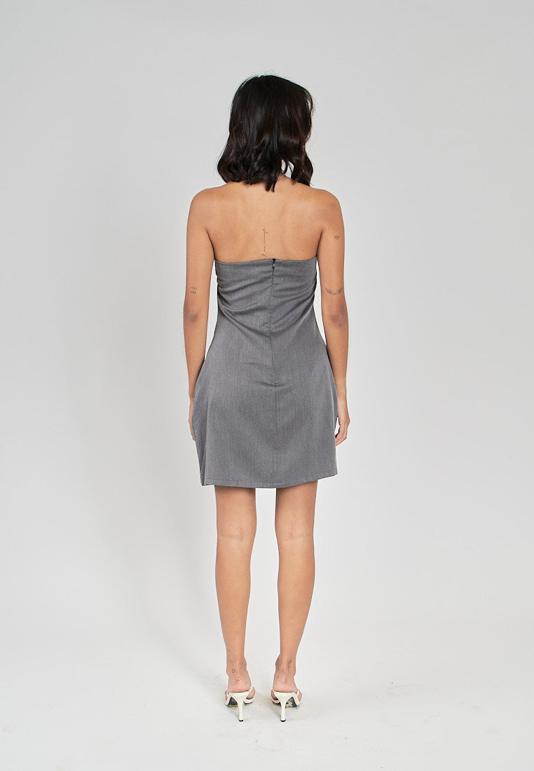 Fiora Grey Halter Front Tie Sexy Back Zipper Sleeveless Mini Dress